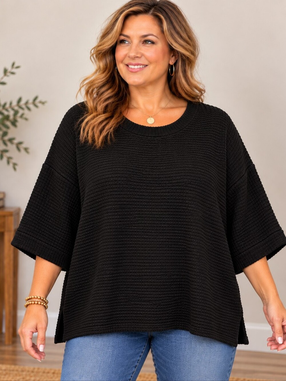 Zenana 1X Black Textured Knit Oversized Boxy Top Drop Shoulder A393